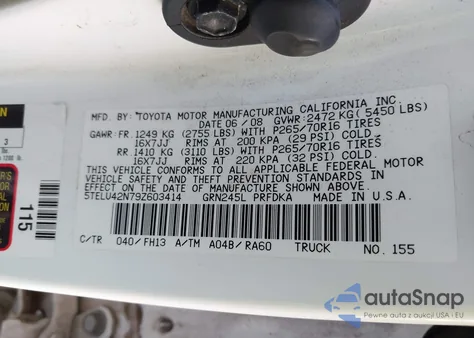 2009 Toyota Tacoma Base V6 z USA, uszkodzony, nr VIN 5TELU42N79Z603414